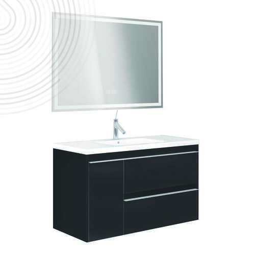 Meuble à suspendre BOSTON - Dim : 80 cm - Noir - Miroir LED LAUSANE