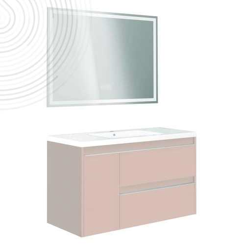 Meuble à suspendre BOSTON - Dim : 80 cm - Rose Poudré - Miroir LED LAUSANE