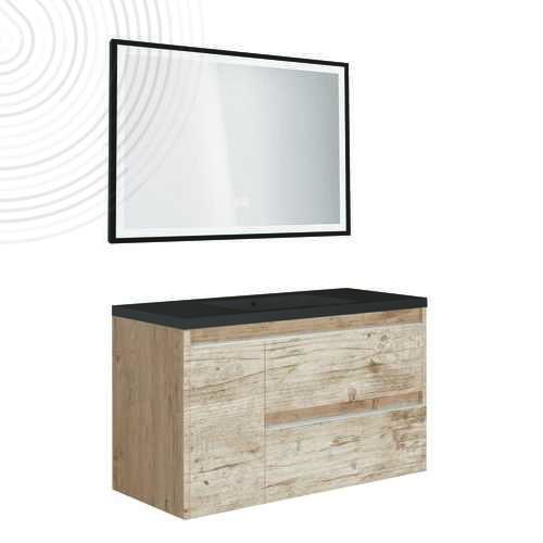 Meuble à susp BOSTON - Dim : 80 cm - Cognac - Miroir LED SEVILLE - Plan noir