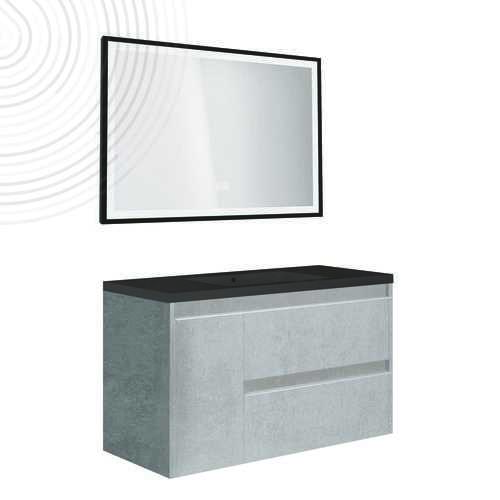 Meuble à susp BOSTON - Dim : 80 cm - Béton - Miroir LED SEVILLE - Plan noir