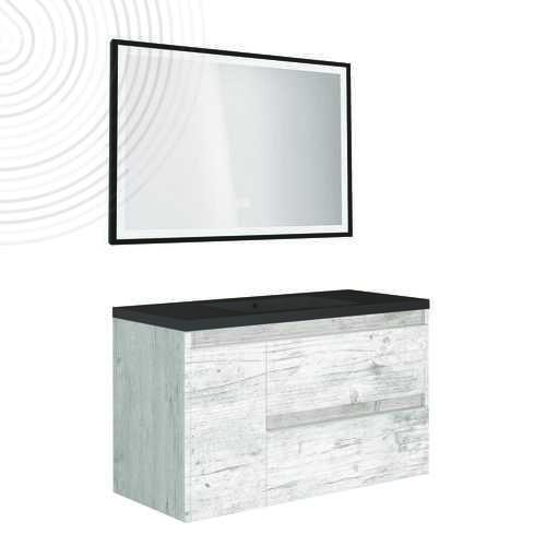 Meuble à susp BOSTON - Dim : 80 cm - Nordic - Miroir LED SEVILLE - Plan noir