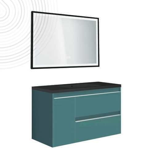 Meuble à susp BOSTON - Dim : 80 cm - Bleu Paon - Miroir LED SEVILLE - Plan noir