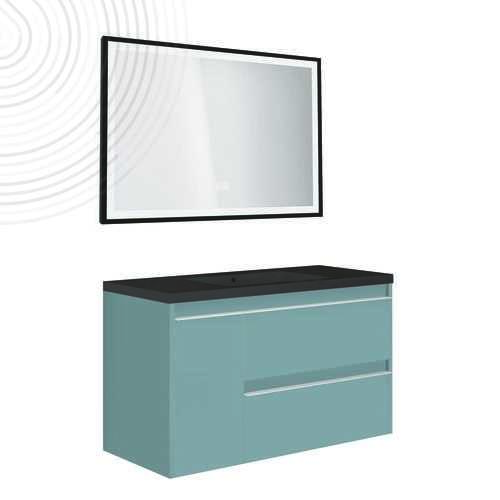 Meuble à susp BOSTON - Dim : 80cm - Bleu Bleuet - Miroir LED SEVILLE - Plan noir