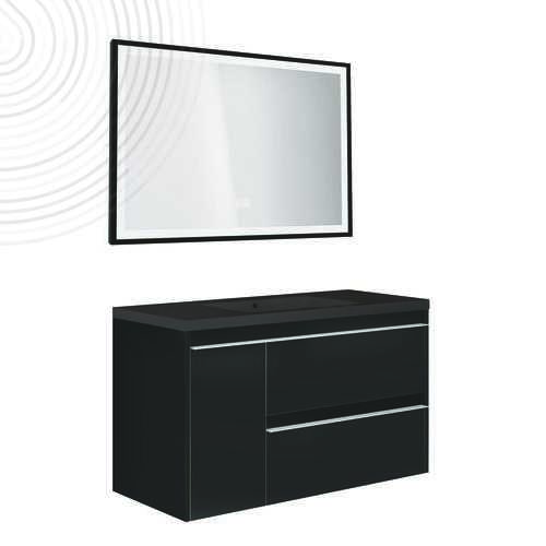 Meuble à susp BOSTON - Dim : 80 cm - Noir - Miroir LED SEVILLE - Plan noir