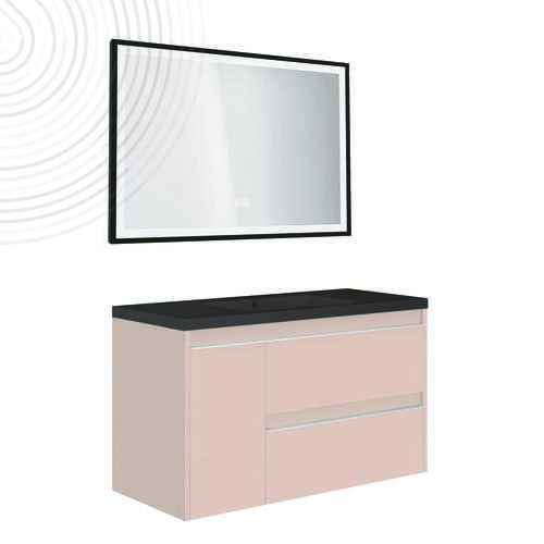 Meuble susp BOSTON - Dim : 80 cm - Rose Poudré - Miroir LED SEVILLE - Plan noir