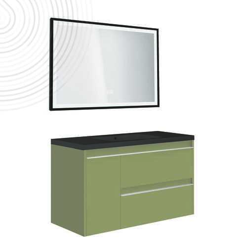 Meuble susp BOSTON - Dim : 80 cm - Vert Menthe - Miroir LED SEVILLE - Plan noir