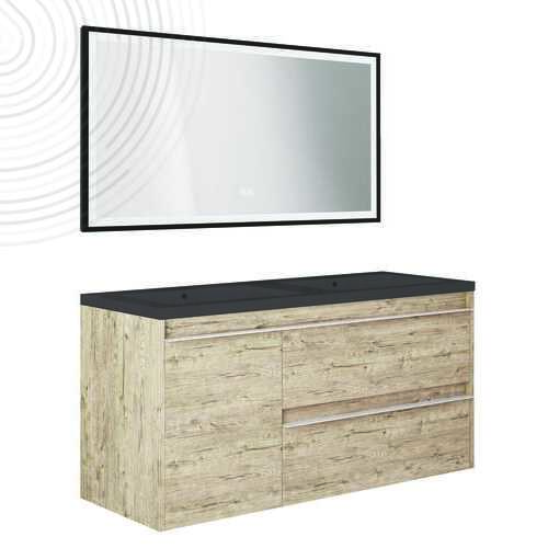 Meuble à susp BOSTON - Dim : 120 cm - Cognac - Miroir LED SEVILLE - Plan noir