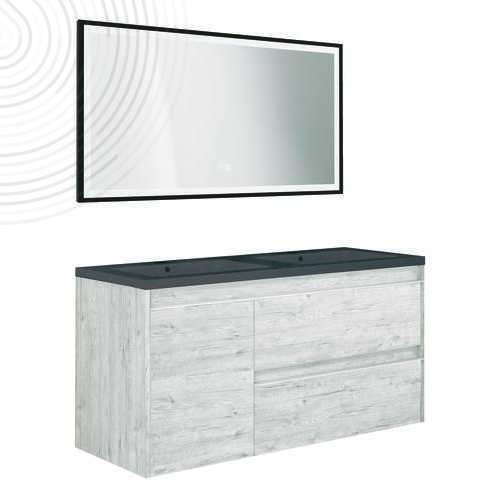 Meuble à susp BOSTON - Dim : 120 cm - Nordic - Miroir LED SEVILLE - Plan noir