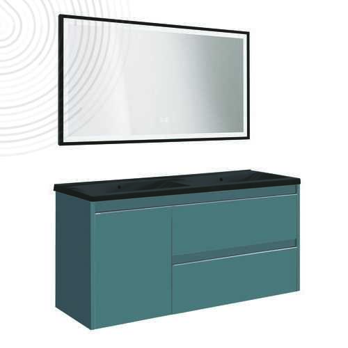 Meuble à susp BOSTON - Dim : 120 cm - Bleu Paon - Miroir LED SEVILLE - Plan noir