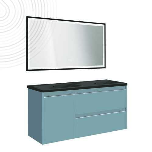 Meuble susp BOSTON - Dim : 120 cm - Bleu Bleuet - Miroir LED SEVILLE - Plan noir