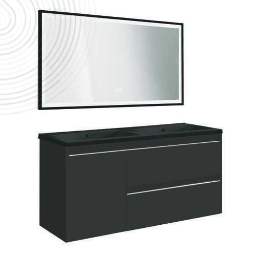 Meuble à susp BOSTON - Dim : 120 cm - Noir - Miroir LED SEVILLE - Plan noir