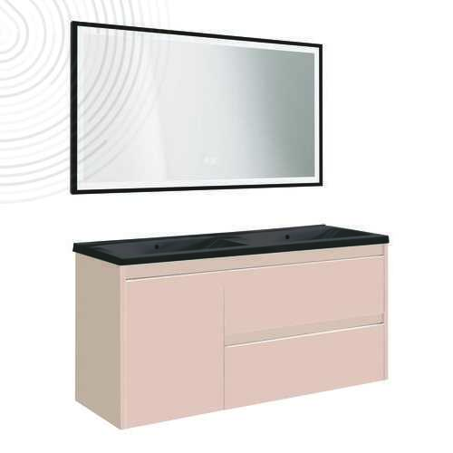 Meuble susp BOSTON - Dim : 120 cm - Rose Poudré - Miroir LED SEVILLE - Plan noir