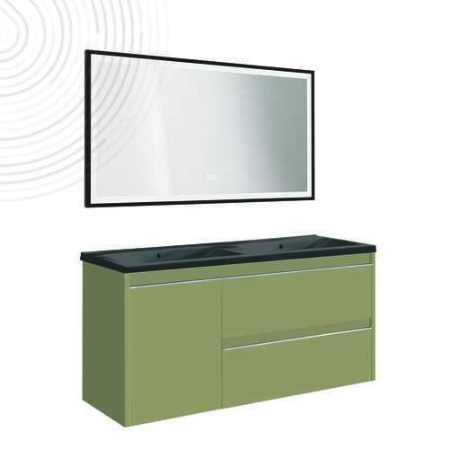 Meuble susp BOSTON - Dim : 120 cm - Vert Menthe - Miroir LED SEVILLE - Plan noir