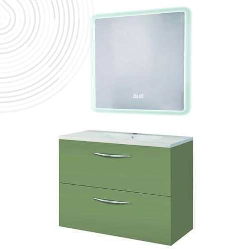 Meuble susp DUBAÏ avec miroir LED ATHENES - Larg 60 cm - Finition : Vert