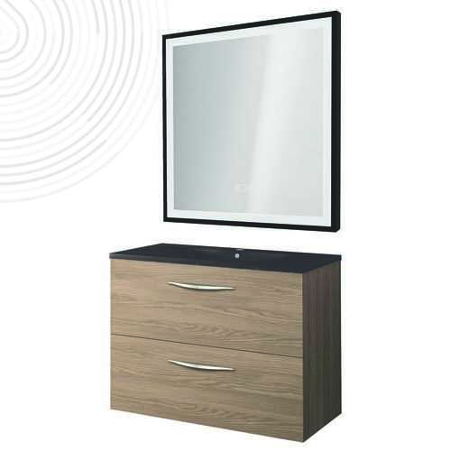 Meuble susp DUBAÏ miroir LED SEVILLE - Larg 60 cm - Finition Césuré - Plan Noir