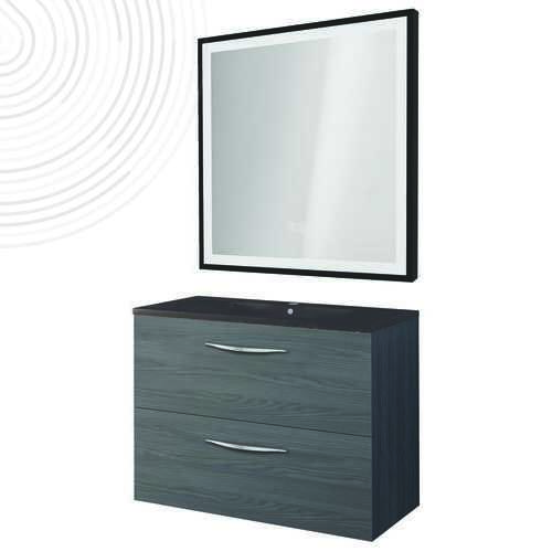 Meuble susp DUBAÏ miroir LED SEVILLE - Larg 60 cm - Finition Gris - Plan Noir