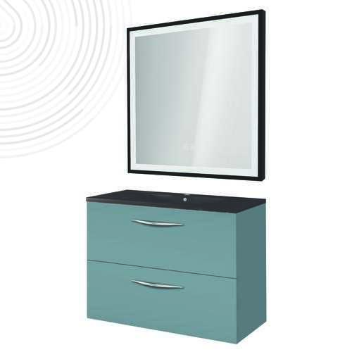 Meuble susp DUBAÏ miroir LED SEVILLE - Larg 60 cm - Finition Bleu B - Plan Noir