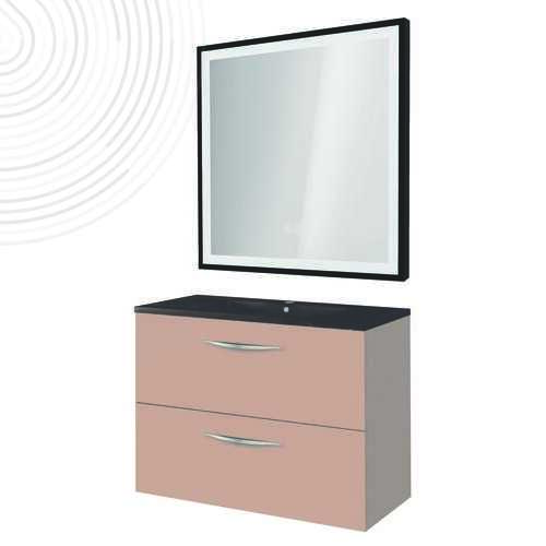 Meuble susp DUBAÏ miroir LED SEVILLE - Larg 60 cm - Rose Poudré - Plan Noir