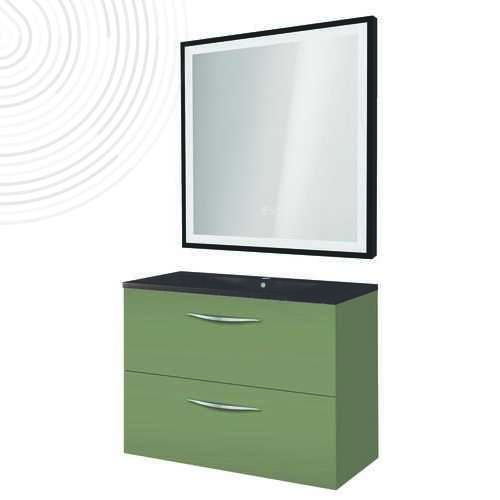 Meuble susp DUBAÏ miroir LED SEVILLE - Larg 60 cm - Finition Vert Menthe - Plan Noir