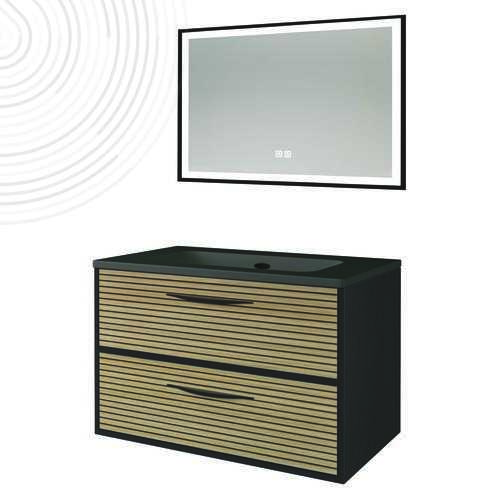 Meuble susp DUBAÏ miroir LED SEVILLE - Larg 80 cm - Finition Acacia - Plan Noir