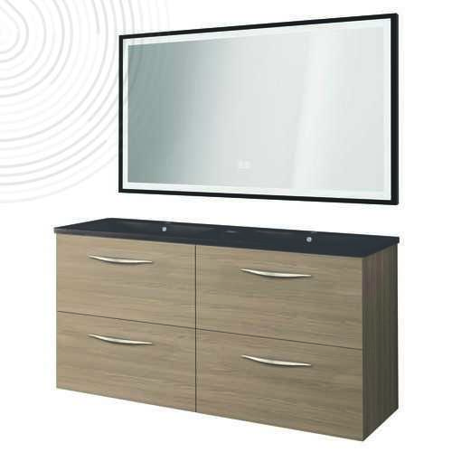 Meuble susp DUBAÏ miroir LED SEVILLE - Larg 120 cm - Césuré - Plan Noir