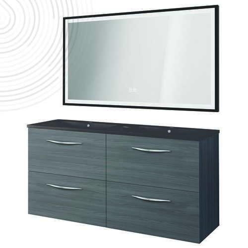 Meuble susp DUBAÏ miroir LED SEVILLE - Larg 120 cm - Gris - Plan Noir