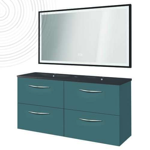 Meuble susp DUBAÏ miroir LED SEVILLE - Larg 120 cm - Bleu Paon - Plan Noir