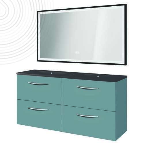 Meuble susp DUBAÏ miroir LED SEVILLE - Larg 120 cm - Bleu Bleuet - Plan Noir