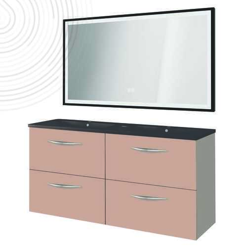 Meuble susp DUBAÏ miroir LED SEVILLE - Larg 120 cm - Rose Poudré - Plan Noir