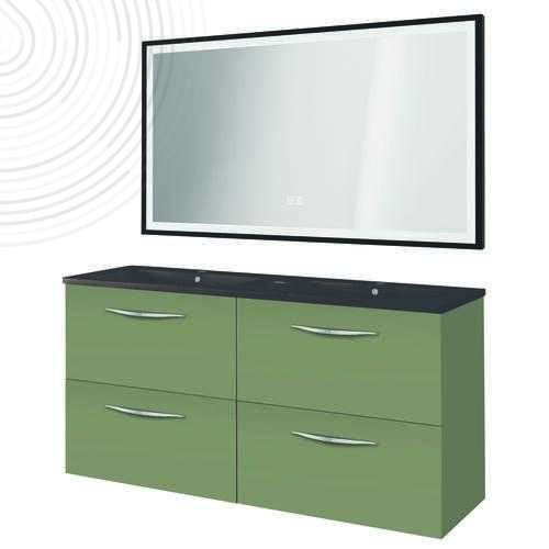 Meuble susp DUBAÏ miroir LED SEVILLE - Larg 120 cm - Vert Menthe - Plan Noir