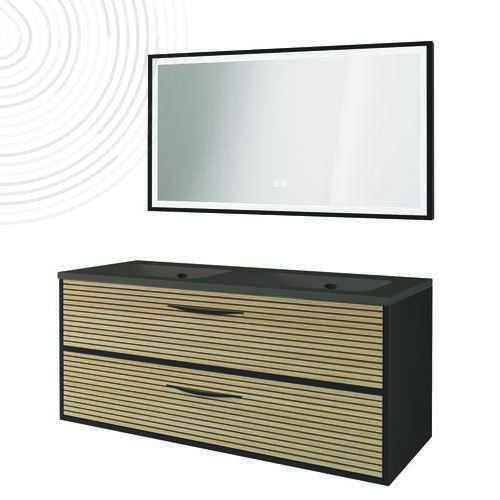 Meuble susp DUBAÏ miroir LED SEVILLE - Larg 120 cm - Noir Acacia - Plan Noir