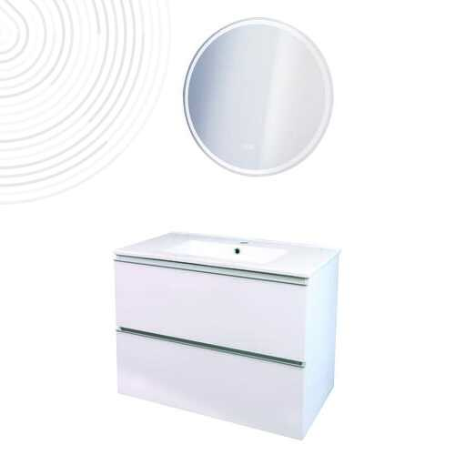 Mble suspendu OSLO - Larg 80 cm - Blanc Brillant - 2 Tiroirs - Miroir LOUXOR