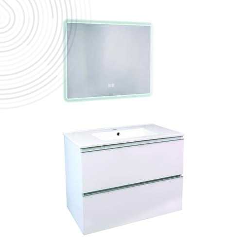 Mble suspendu OSLO - Larg 80 cm - Blanc Brillant - 2 Tiroirs - Miroir ATHENES