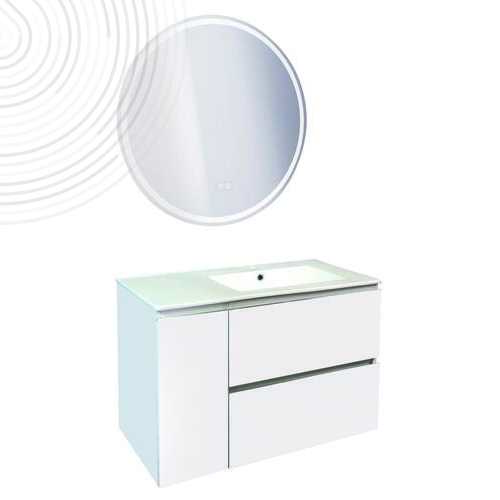 Mble susp OSLO - Larg 90 cm - Blanc Mat - 2 Tiroirs 1 Porte  - Miroir LOUXOR