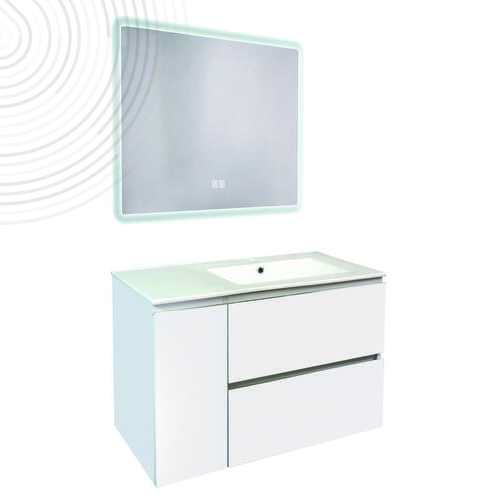 Mble susp OSLO - Larg 90 cm - Blanc Mat - 2 Tiroirs 1 Porte - Miroir ATHENES