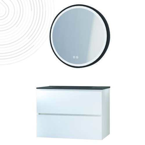 Mble susp OSLO - Larg 80 cm - Blanc Brill - 2 tiroirs - PN - Miroir ALEXANDRIE