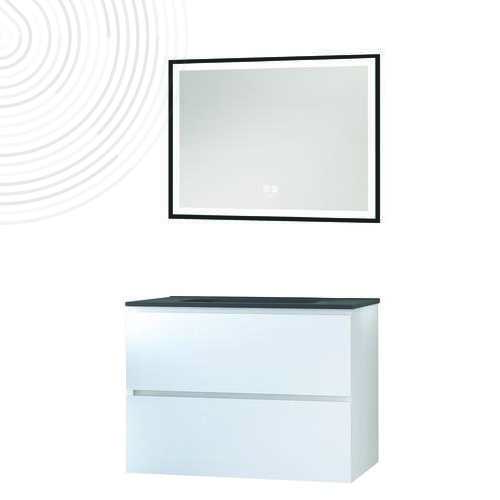 Mble susp OSLO - Larg 80 cm - Blanc Brillant - 2 tiroirs - PN - Miroir SEVILLE