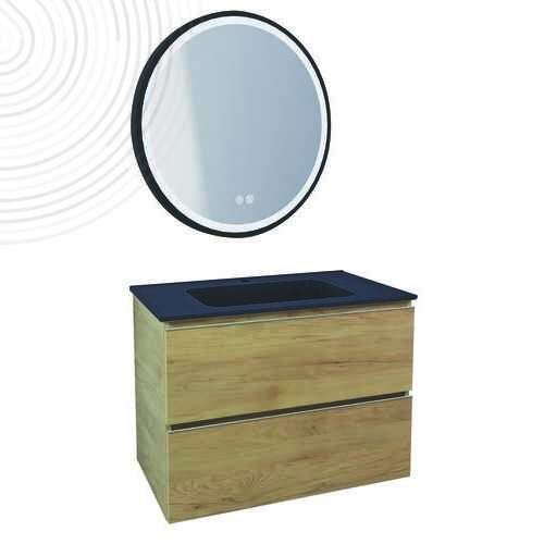 Mble suspendu OSLO - Larg 80 cm - Bois - 2 tiroirs - PN - Miroir ALEXANDRIE