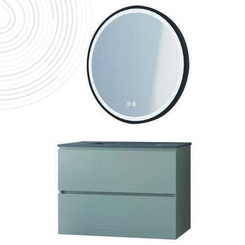 Mble suspendu OSLO - Larg 80 cm - Gris - 2 tiroirs - PN - Miroir ALEXANDRIE