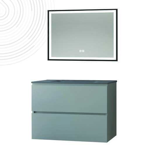 Mble suspendu OSLO - Larg 80 cm - Gris - 2 tiroirs - PN - Miroir SEVILLE