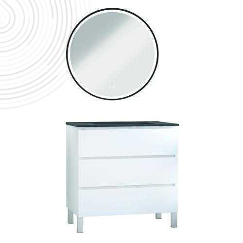 Mble susp OSLO - Larg 80 cm - Blanc Mat - 3 tiroirs - PN - Miroir ALEXANDRIE