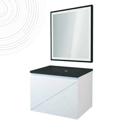 Meuble LONDRES - Blanc - Plan noir - Dim : 60 cm - Miroir LED SEVILLE