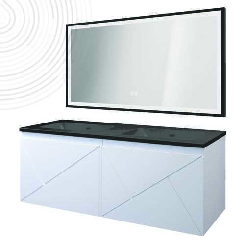 Meuble LONDRES - Blanc - Plan noir - Dim : 120 cm - Miroir LED SEVILLE