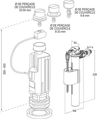 Mécanisme Wc Nf 3V102 - Kit Compact Avec Robinet Flotteur Et Poussoir  Double Volume Nicoll - Chasse D'Eau Complète